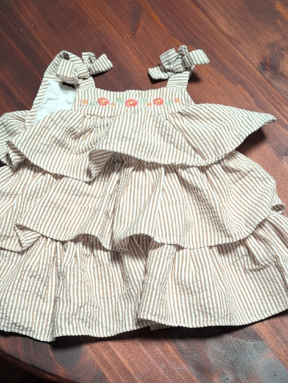 Good Lad Tan and White Striped Ruffle Sundress